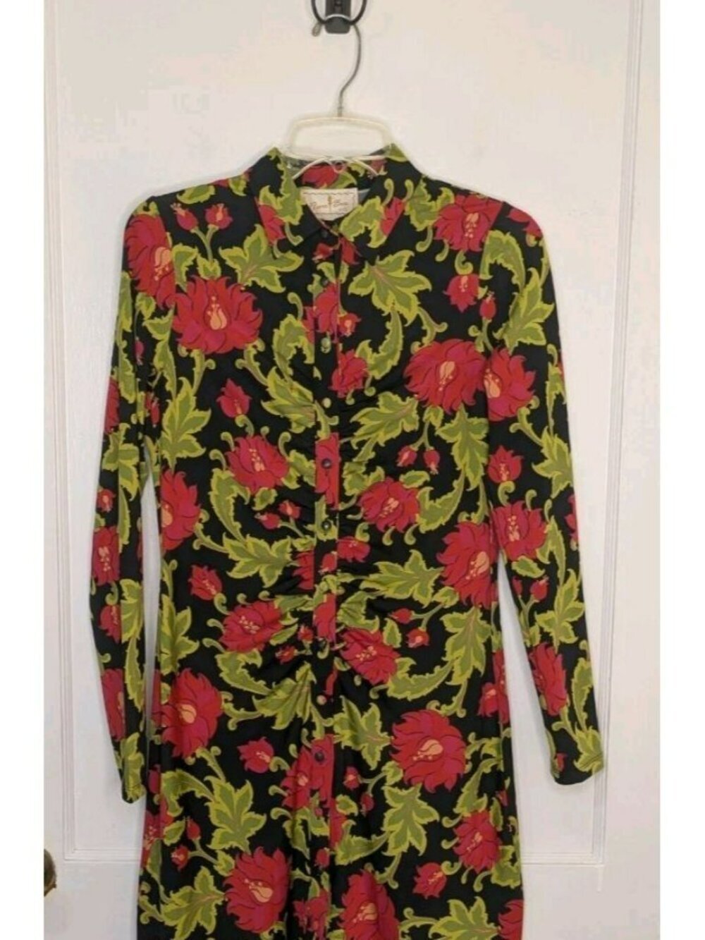 Flora Bea NYC Makelly Mini Dress Red Green Floral Ruched Button Front Collared M